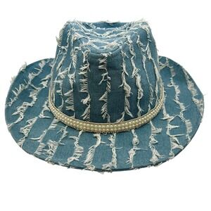 Blue Distressed Frayed Denim Pearl Rhinestone Fedora Hat Western Concert Country